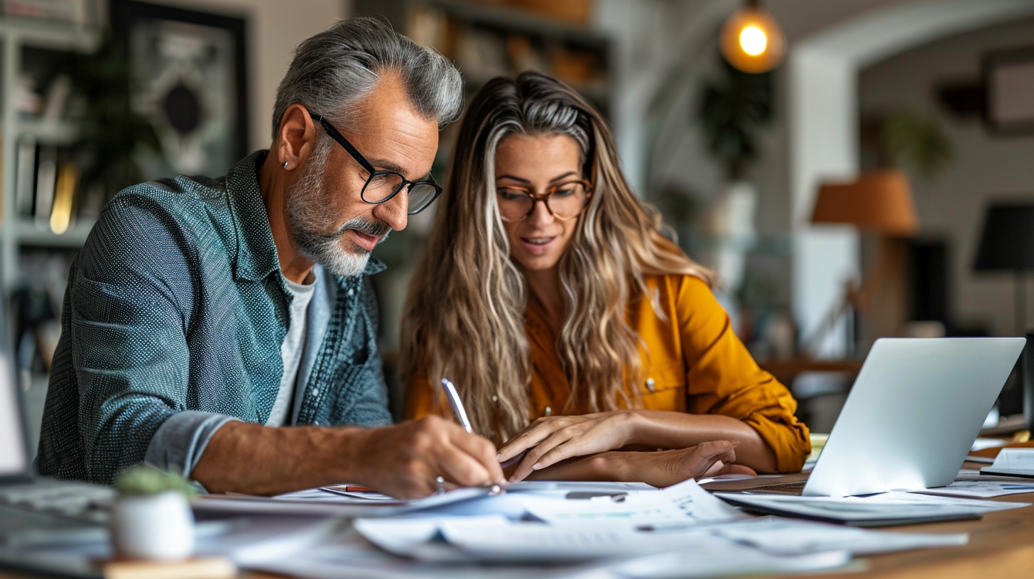 Man Assisting Wife at Home Office