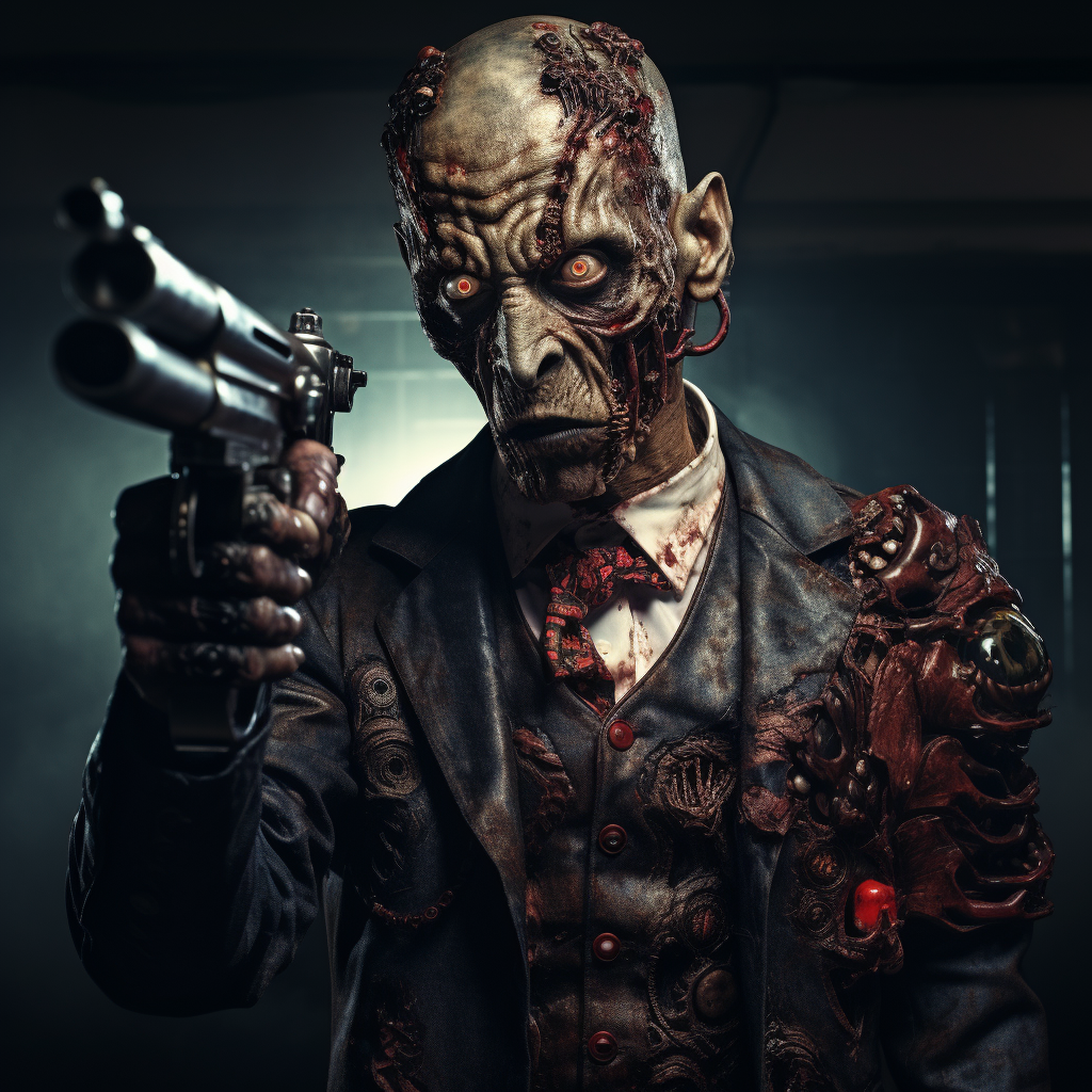 Man holding automatic gun in zombie style  ?