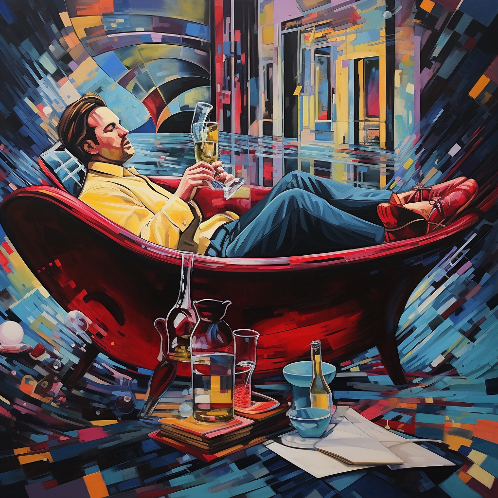 Man in Bathtub with Wine, Abstract Painting