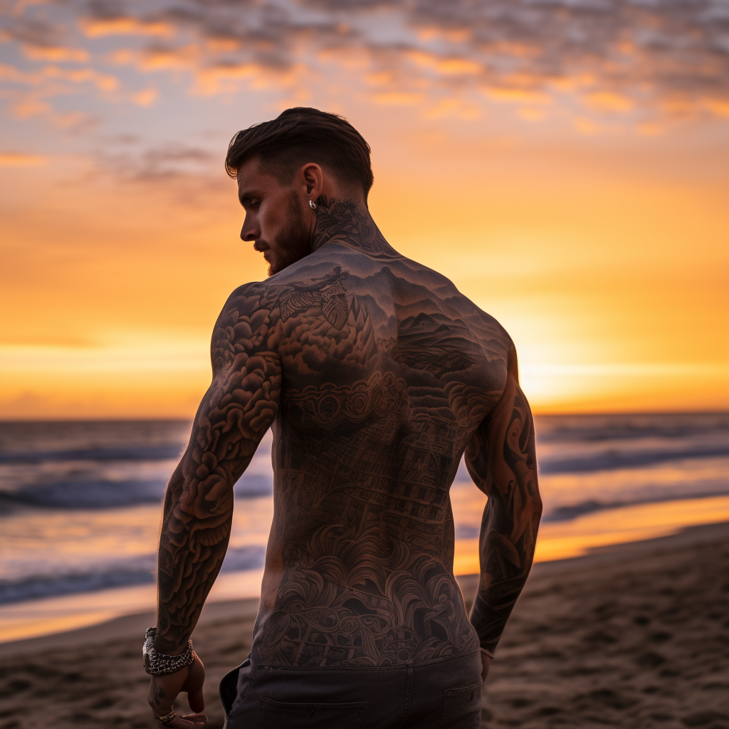 Man on Beach with Shirt and Tattoos at Sunset