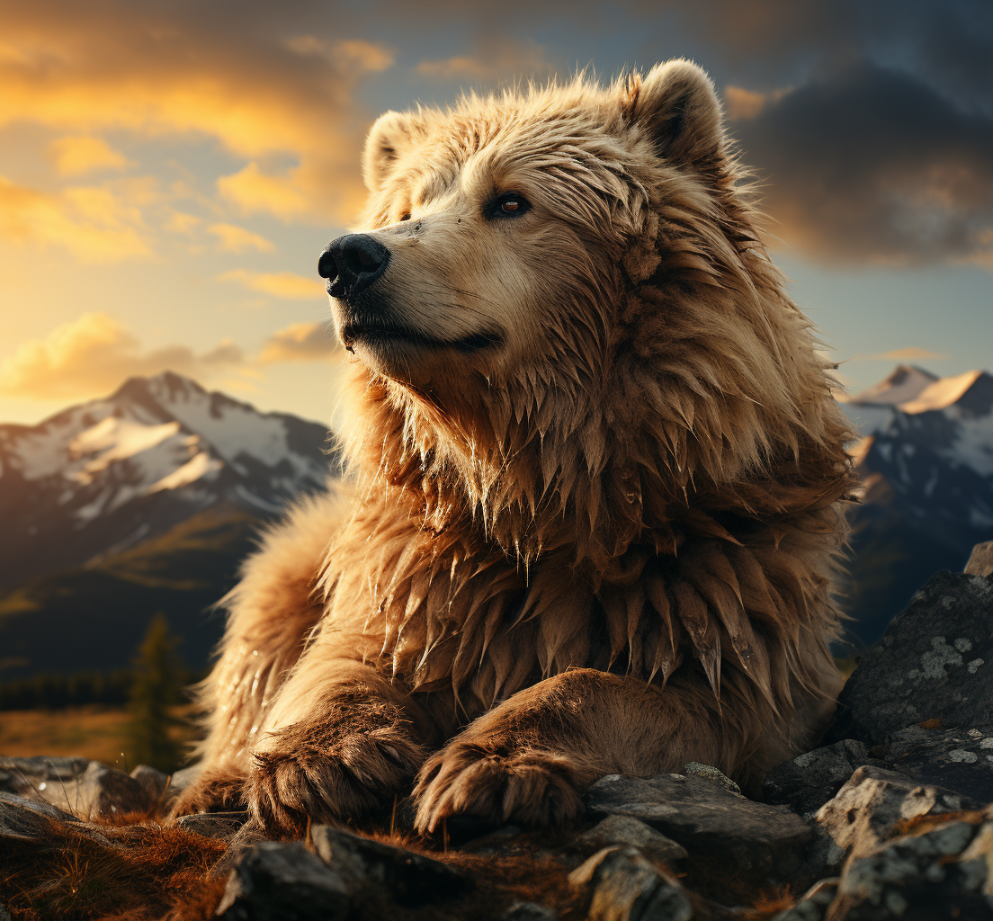 Man Bear Hybrid with Stunning Sunset in the Mountains