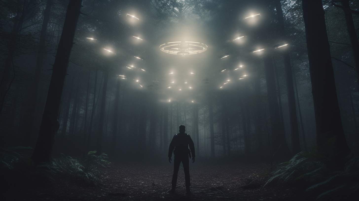 Man being abducted by aliens in woods