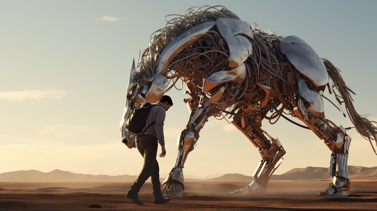 Man being dragged by robot horse