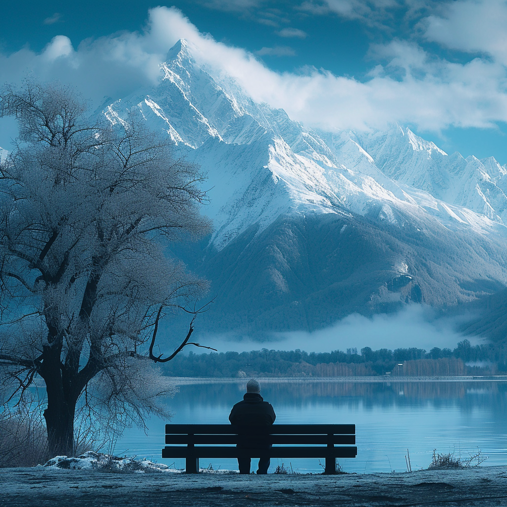 Man on Bench with Snow Mountain Background