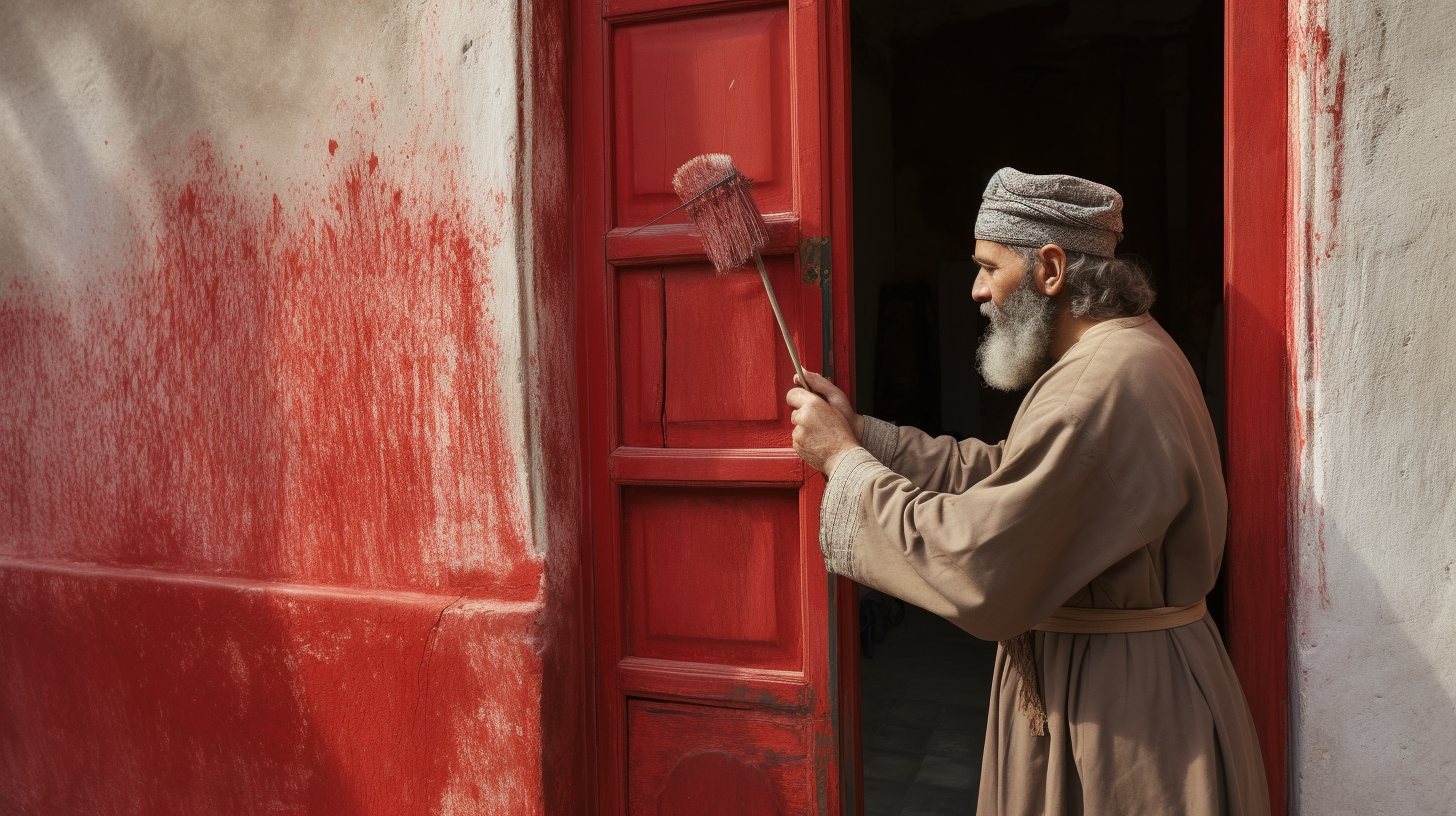 man in biblical clothing applying red paint