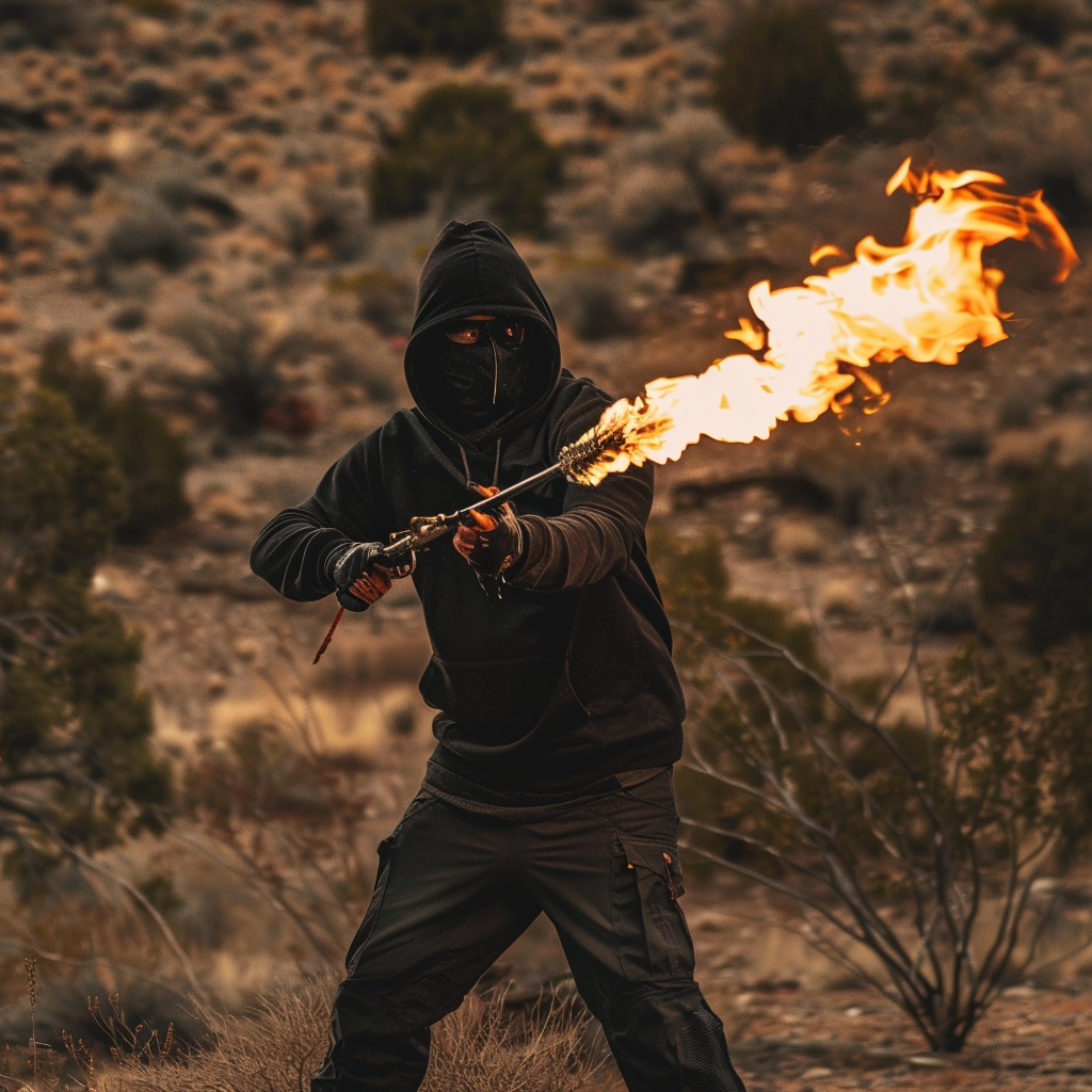 Man with Flame Thrower in Desert