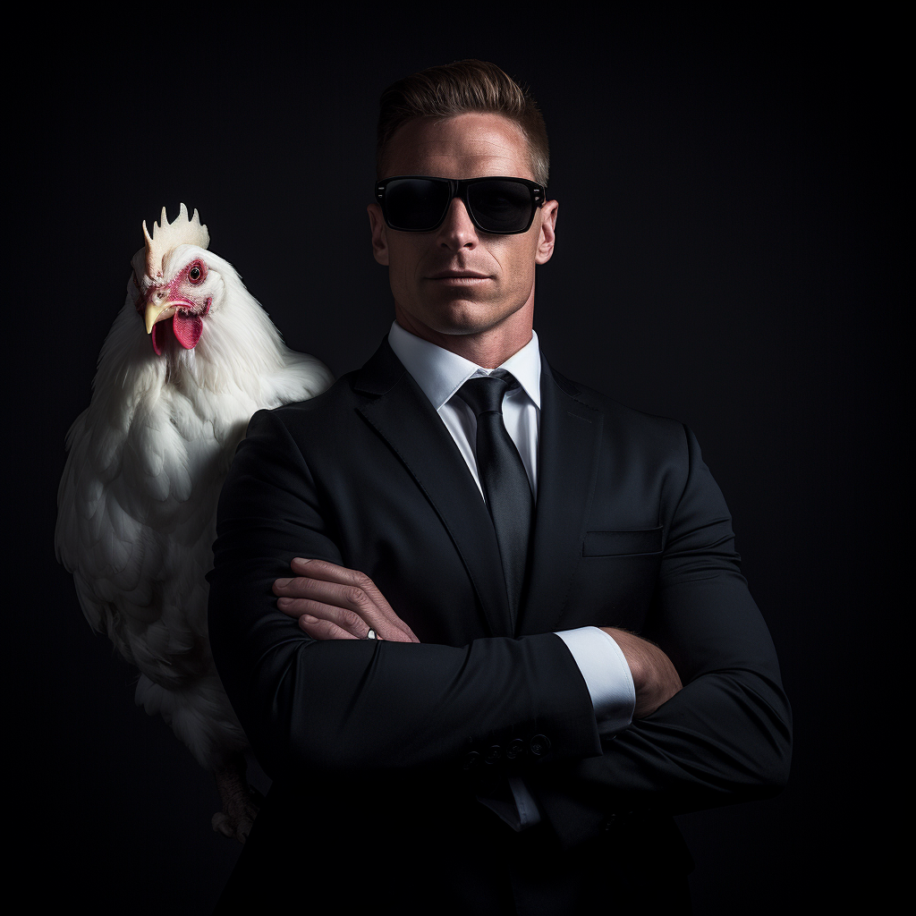 Muscular man protecting a white chicken