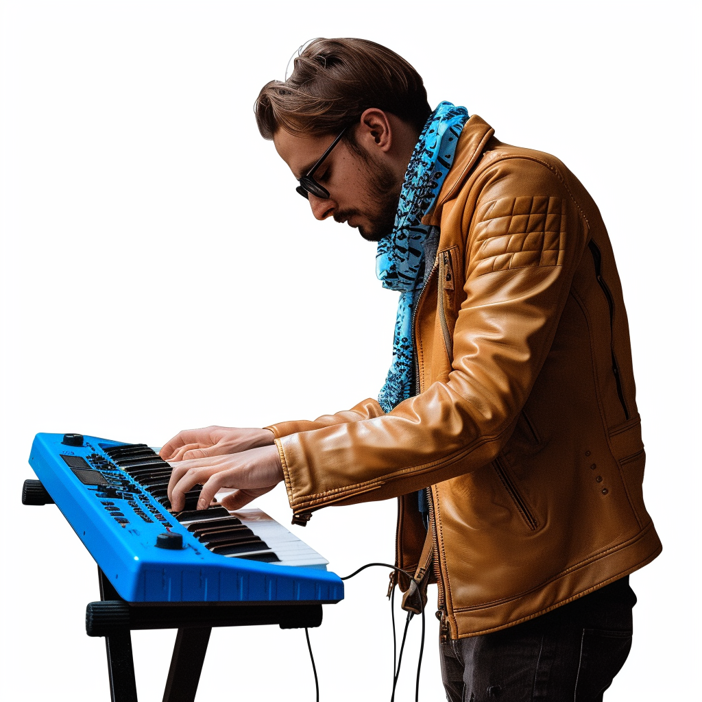 man playing blue keytar