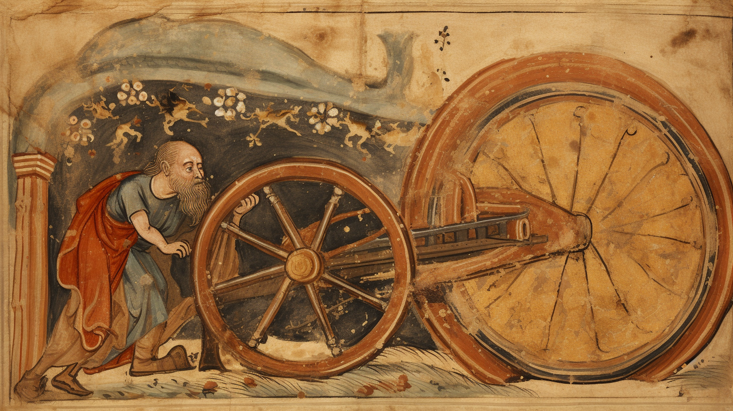 Man breaking wheel on medieval wagon