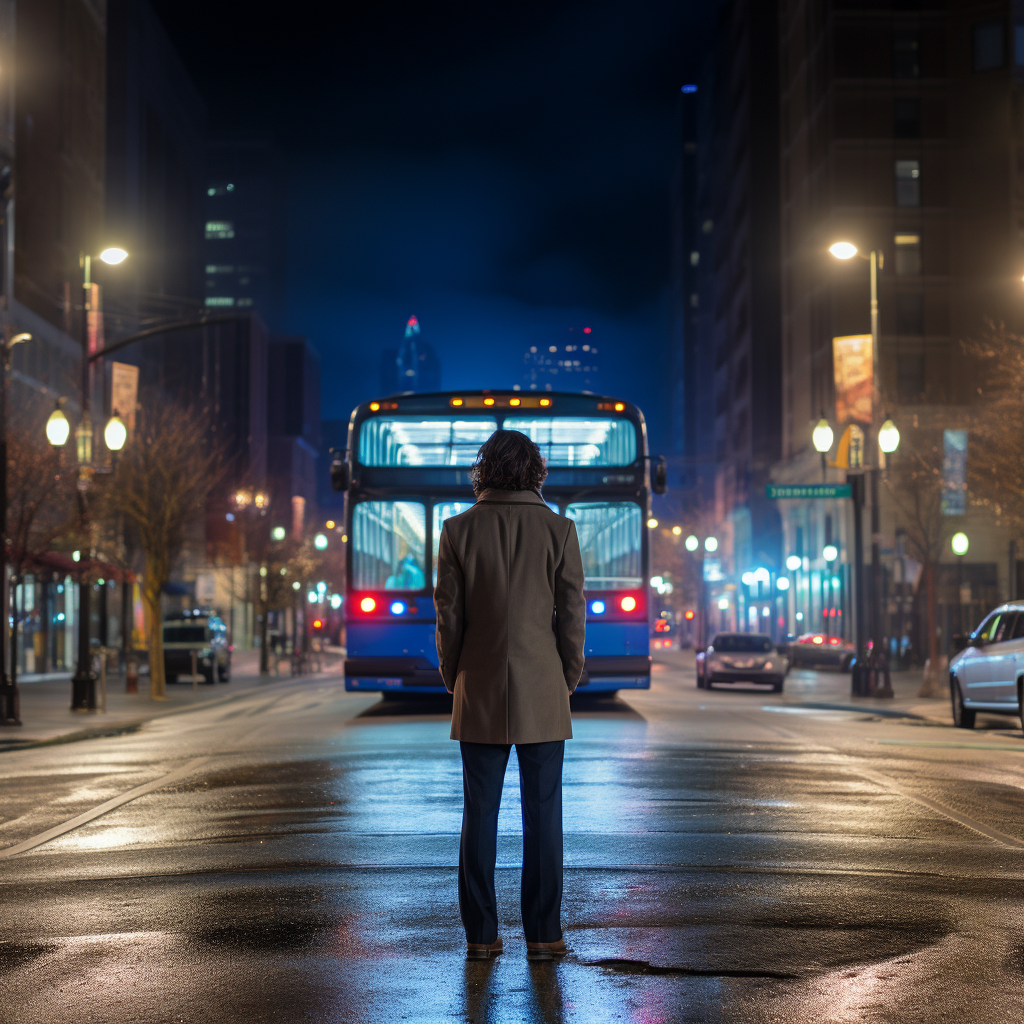 Stylish man in blue suit at bus stop