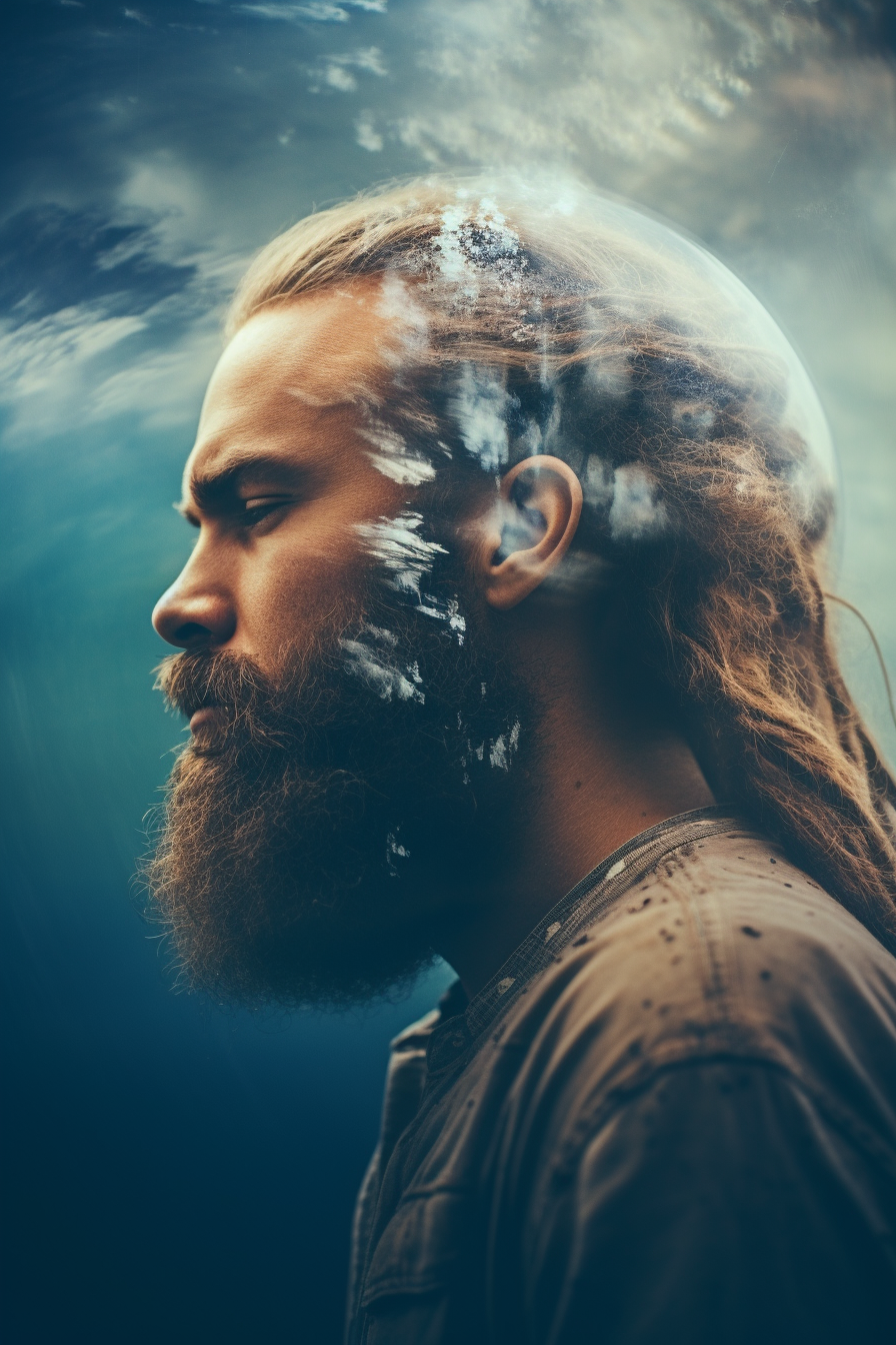 Double Exposure: Man with Man-Bun and Beard against Earth