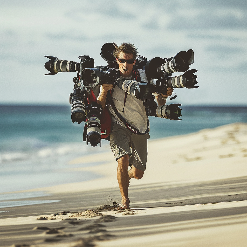 Man with Camera Lenses on Beach