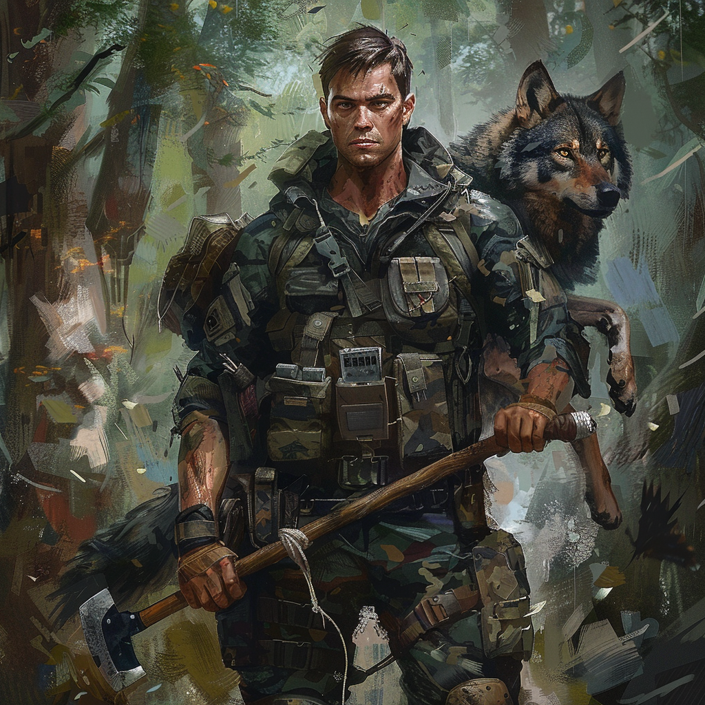 Man in camo gear with wolf