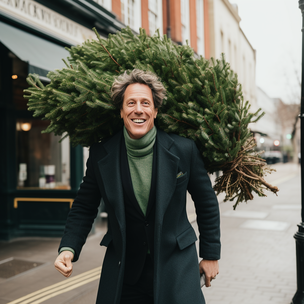 Man carrying Christmas tree in Chelsea London