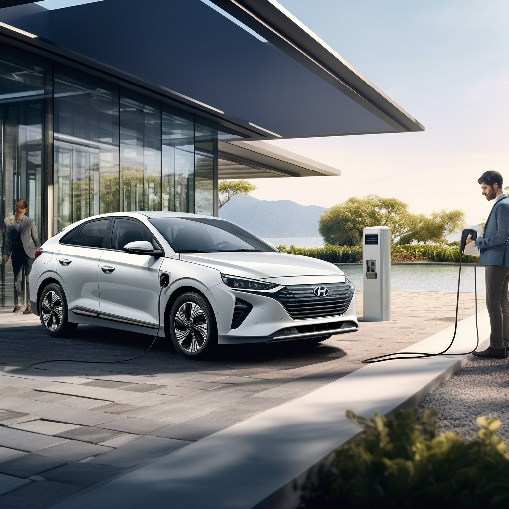 Man charging Hyundai Ioniq Electric Car at Charging Station