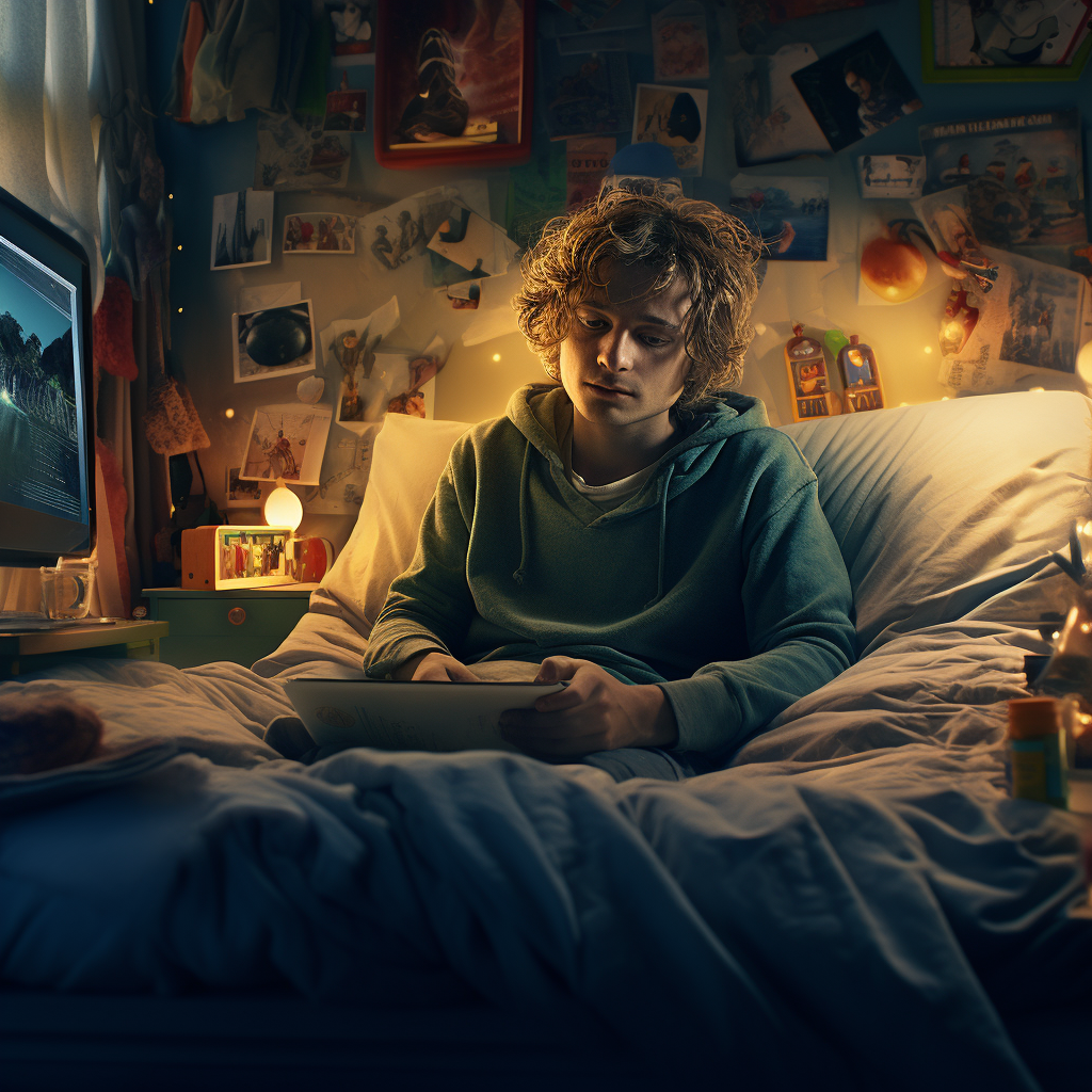 Man in childhood room watching TV on laptop