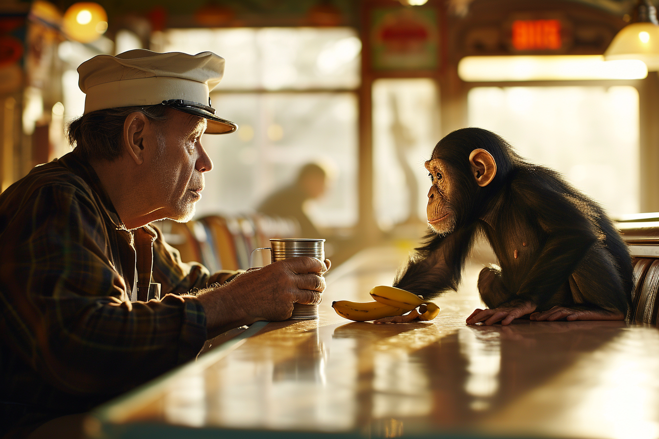 Man and chimpanzee face off at diner counter