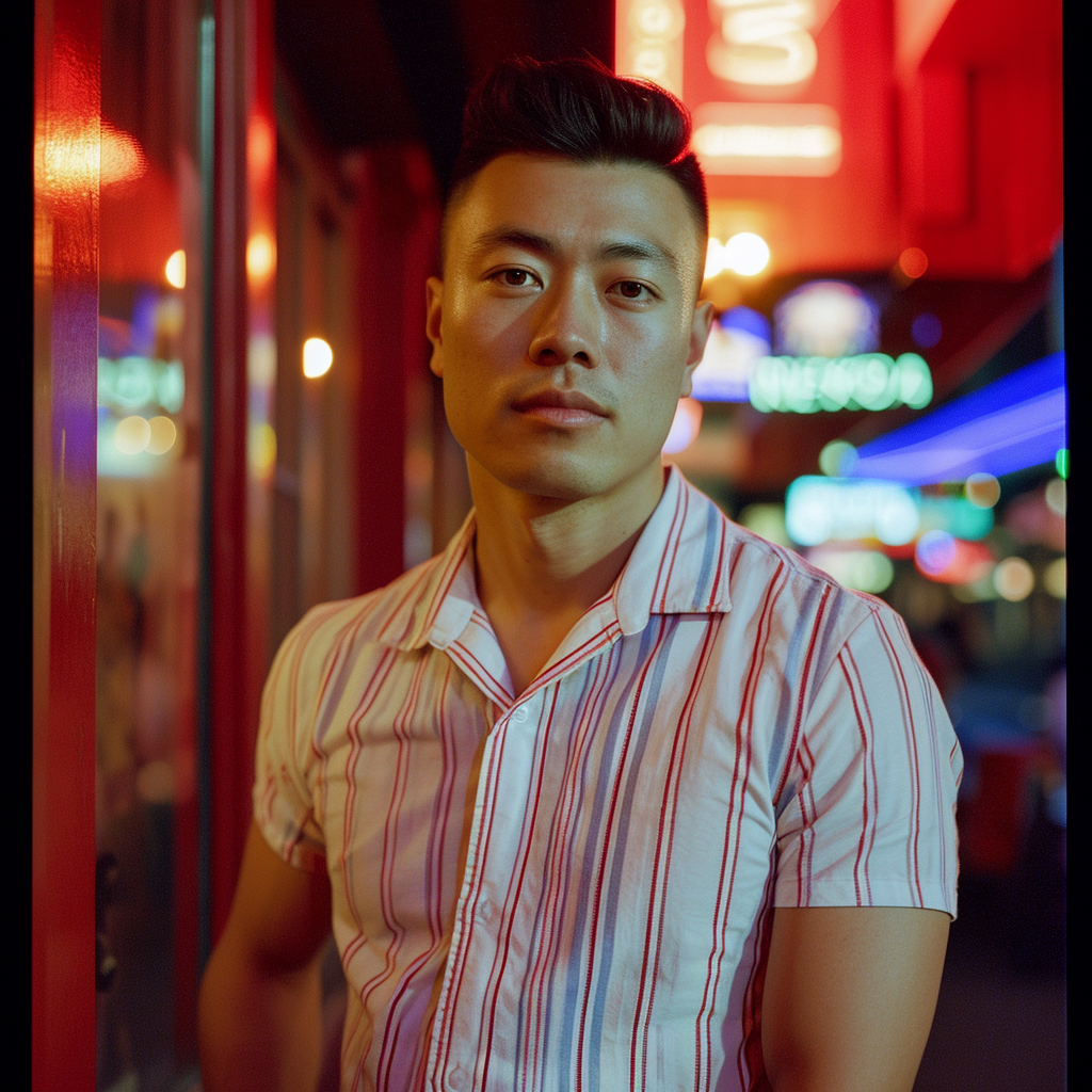 Man in Classic White Shirt Striped Red Blue