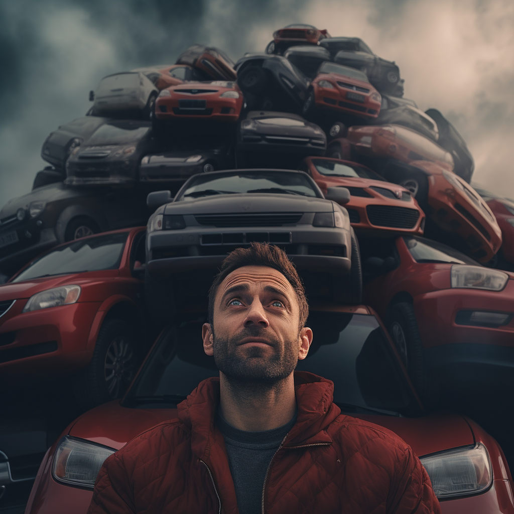 Closeup of Man Climbing Stack of Cars