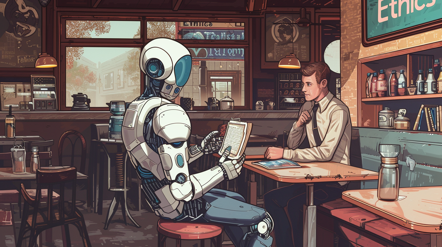 Man discussing philosophy with robot in coffee shop