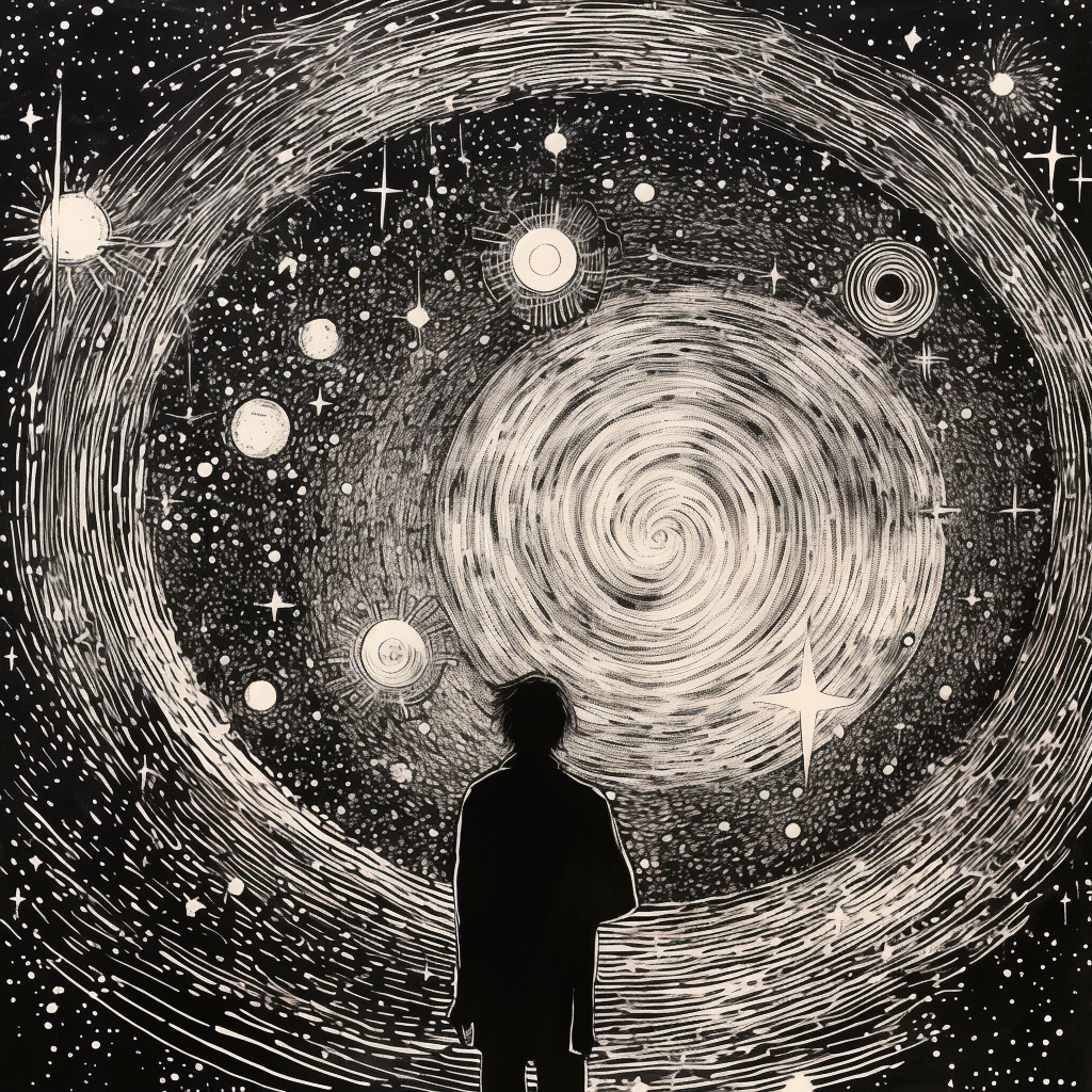 Illustration of a man and cosmos in black and white