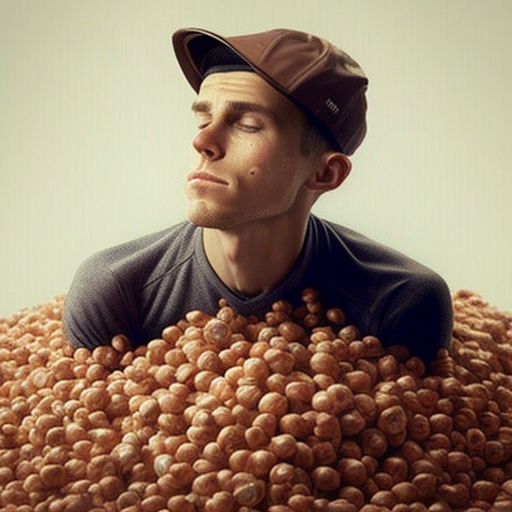 Man covered in raw hazelnuts