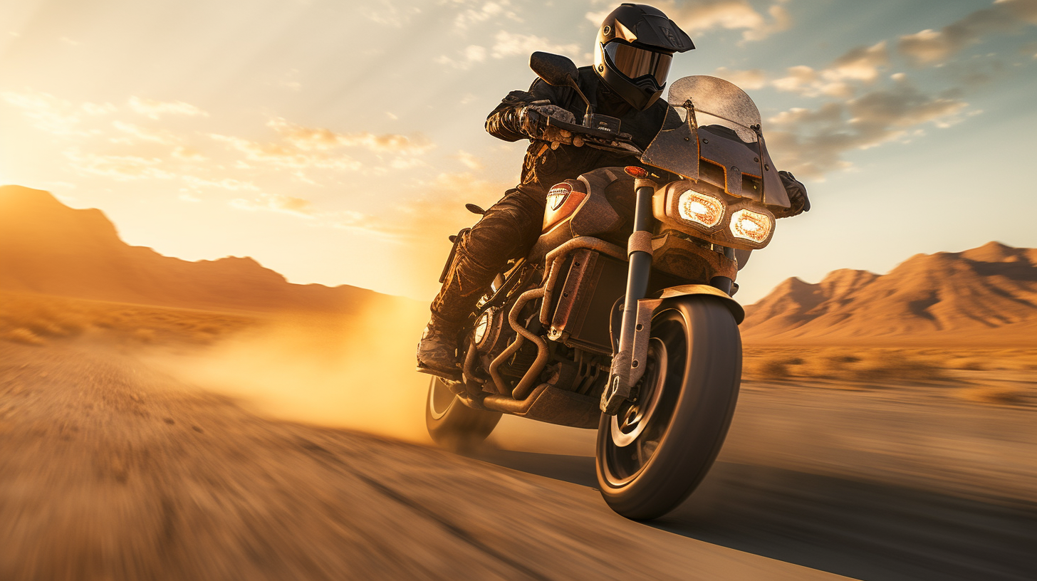 Man crossing desert on Harley-Davidson motorcycle