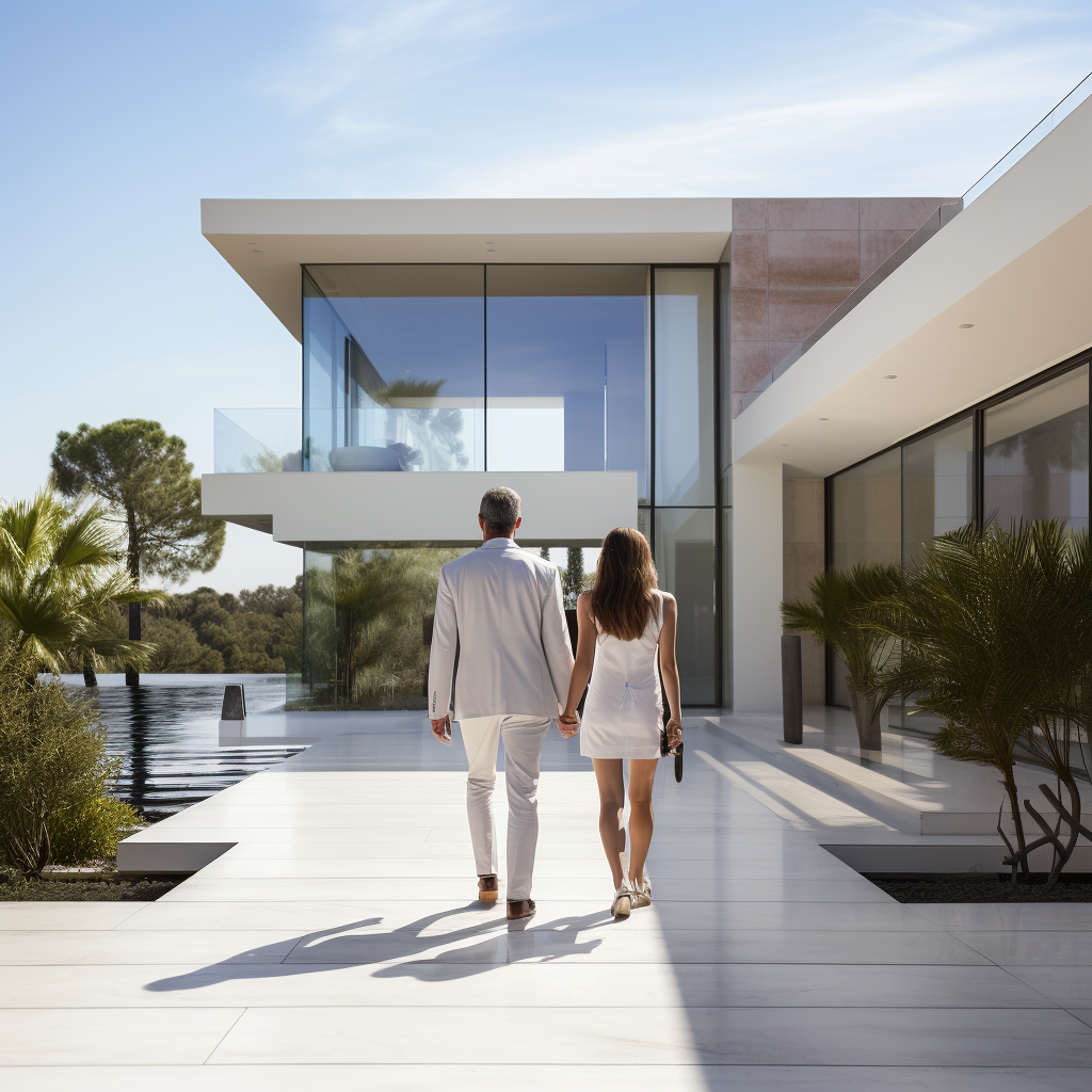 A happy father and daughter walking into their dream home