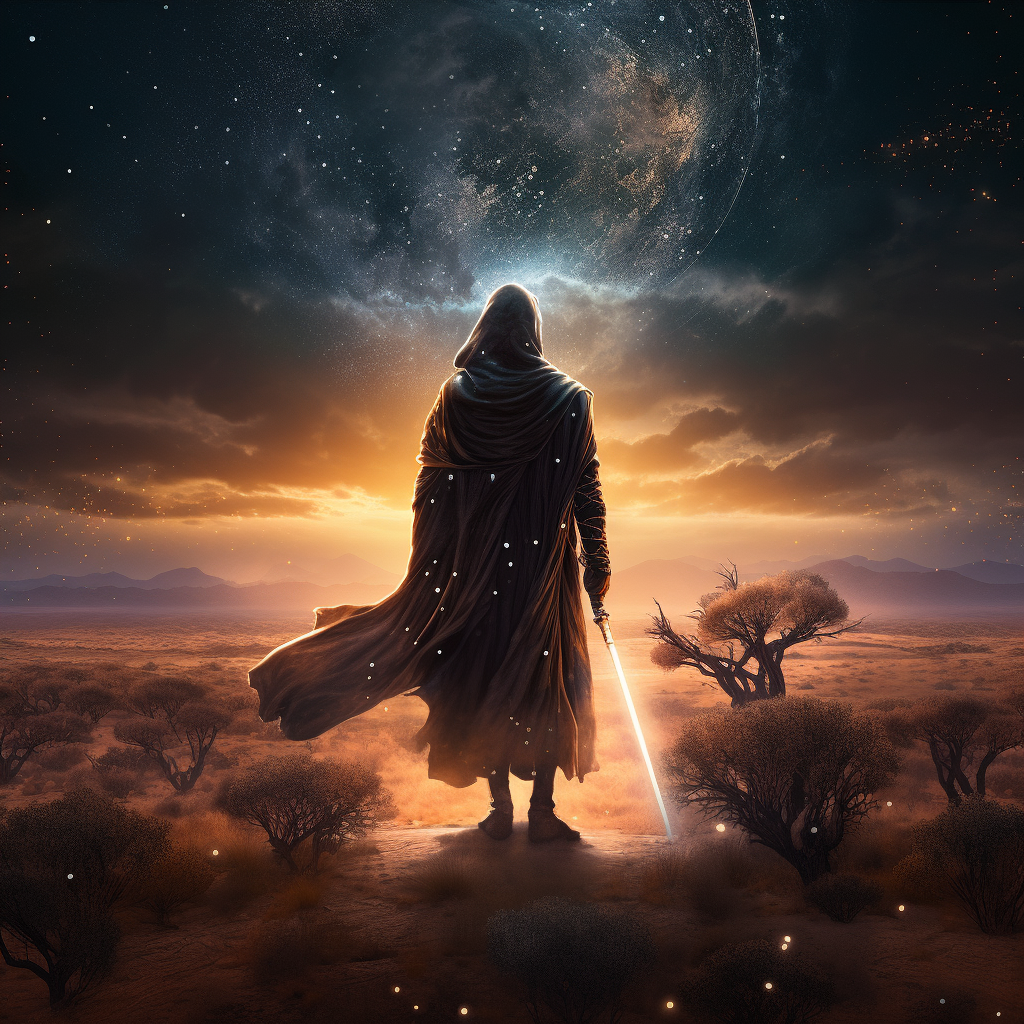 Man in Australian desert with sword and galaxy cloak