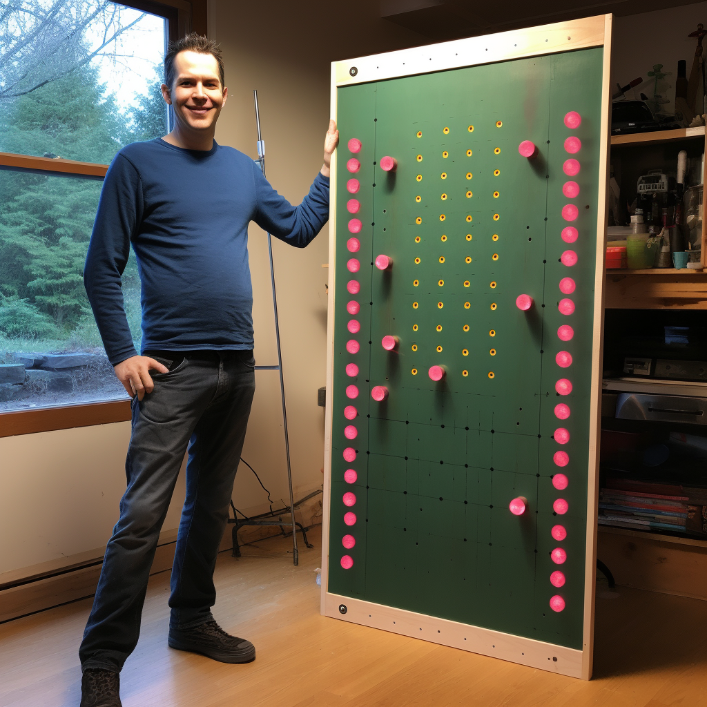 Man Standing with DIY Plinko Board