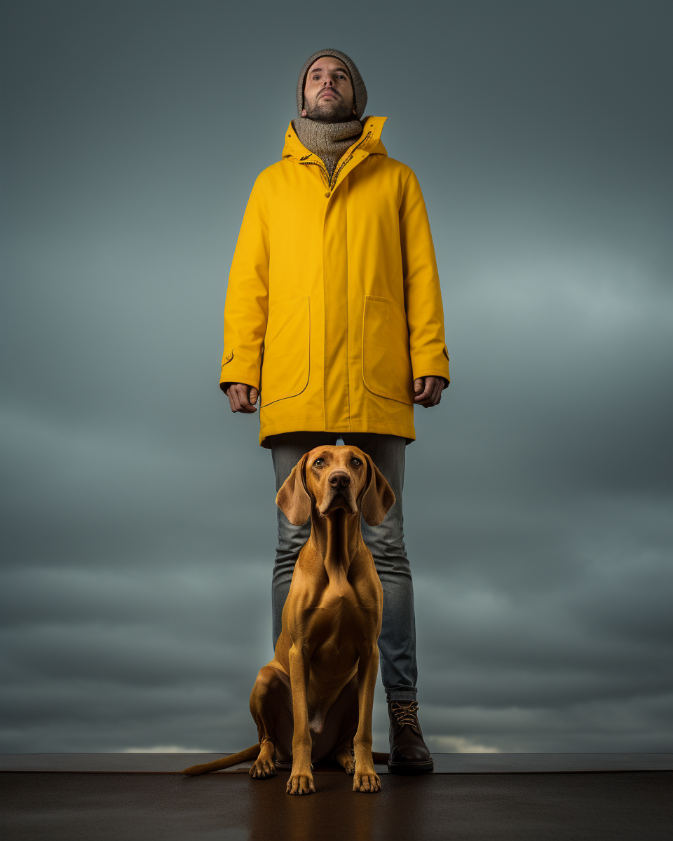 Man in Yellow Jacket Watching Dog