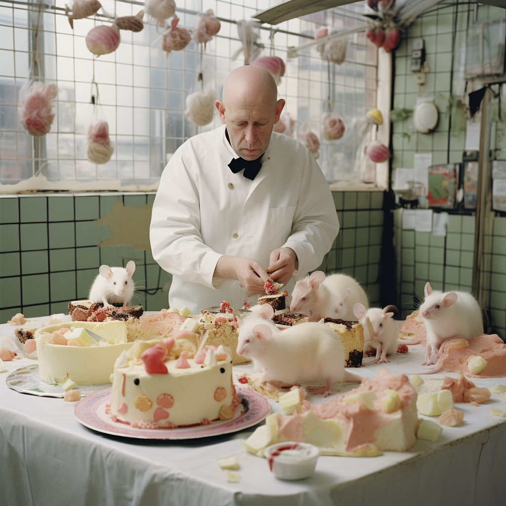 Man baking a cake with mouses