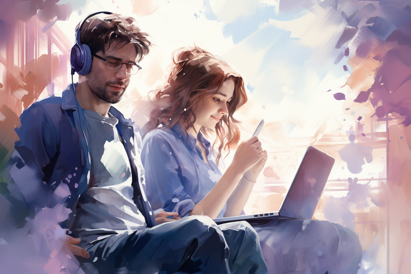 Man drawing on tablet, woman wearing headphones, guy lying on sofa