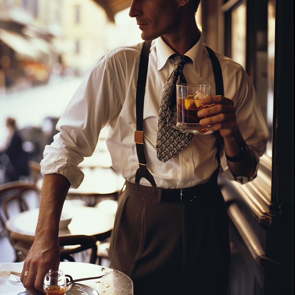 Stylish man sipping Negroni tea in Italian café