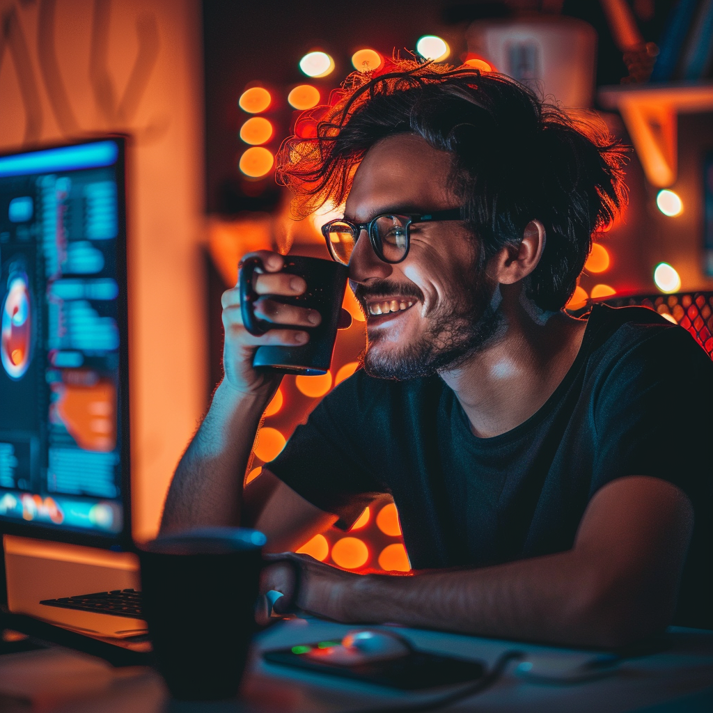 man enjoying coffee at computer