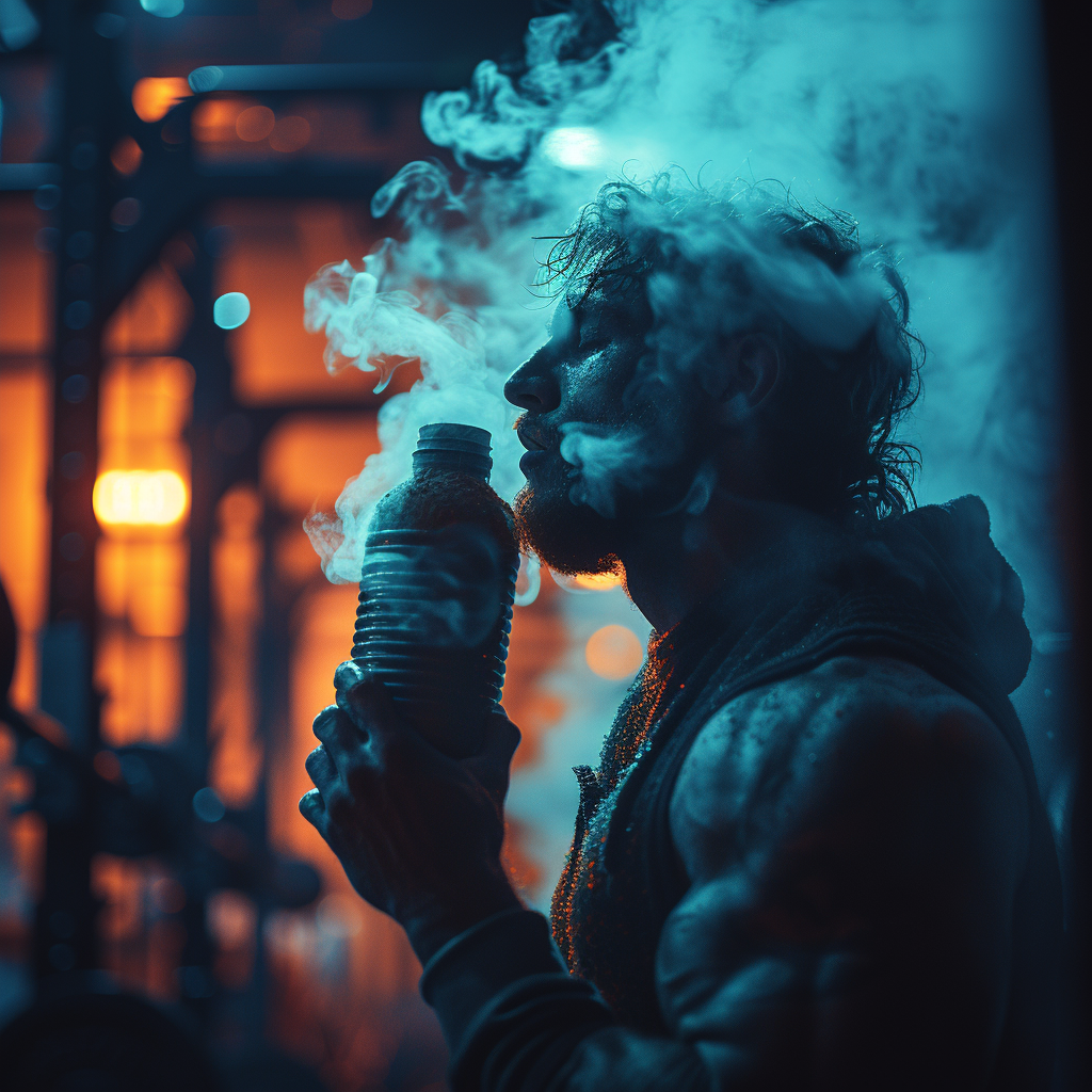 Man drinking green glowing powder from protein shaker