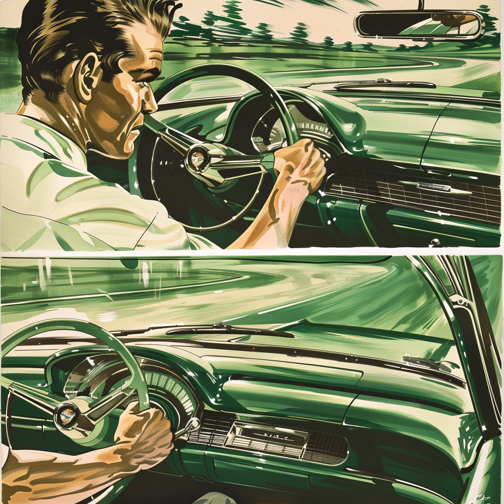 Man driving vintage green Cadillac