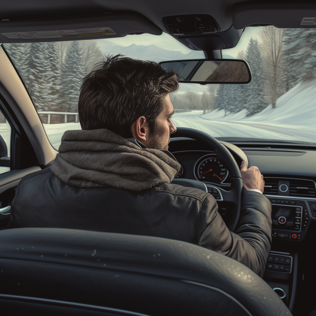 Man driving convertible car in winter