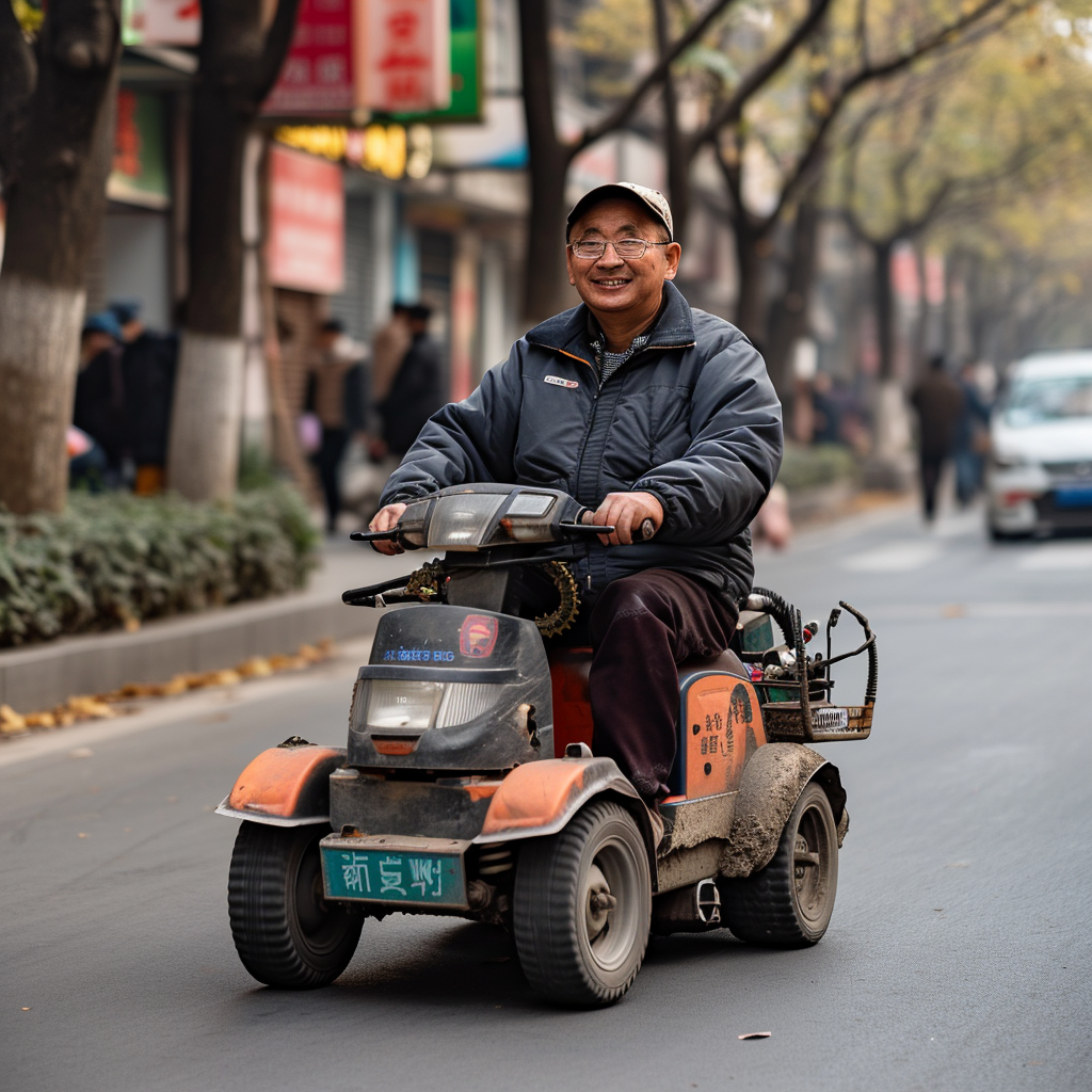 Man driving motorized vacuum cleaner on street