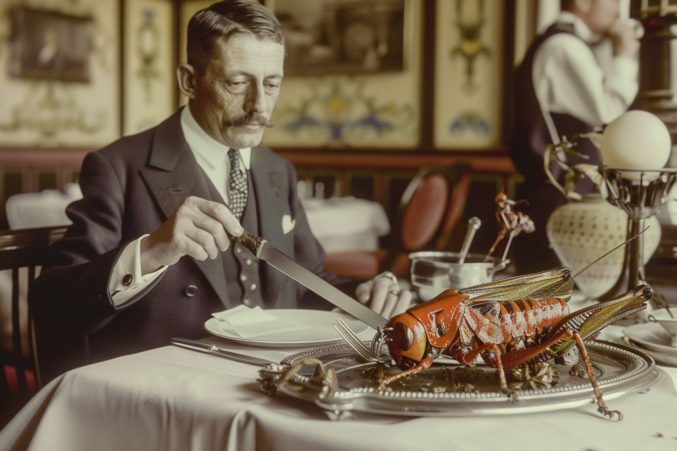 Man Eating Giant Grasshopper Vintage Photo