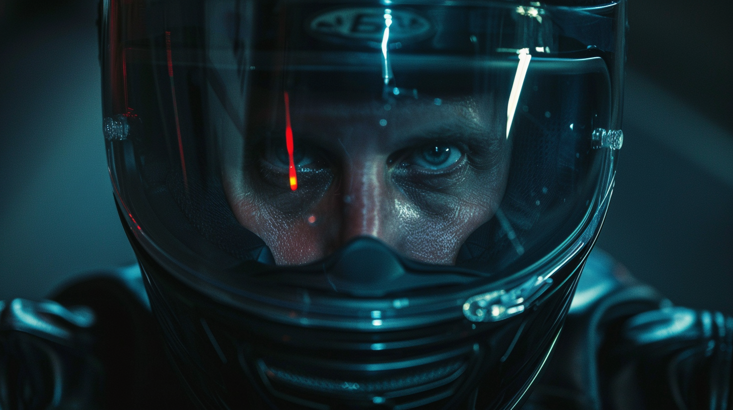 Man's eyes behind motorcycle visor