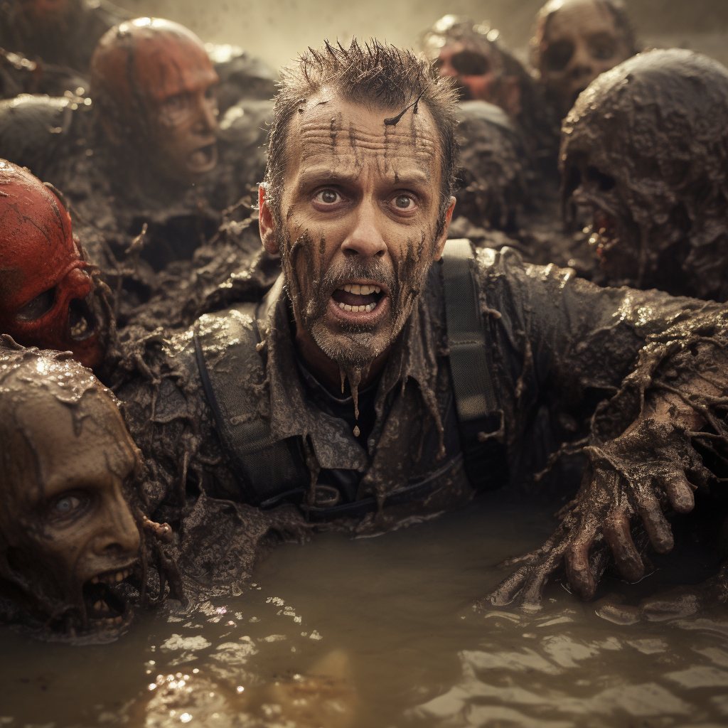 Man struggling in quicksand surrounded by zombies