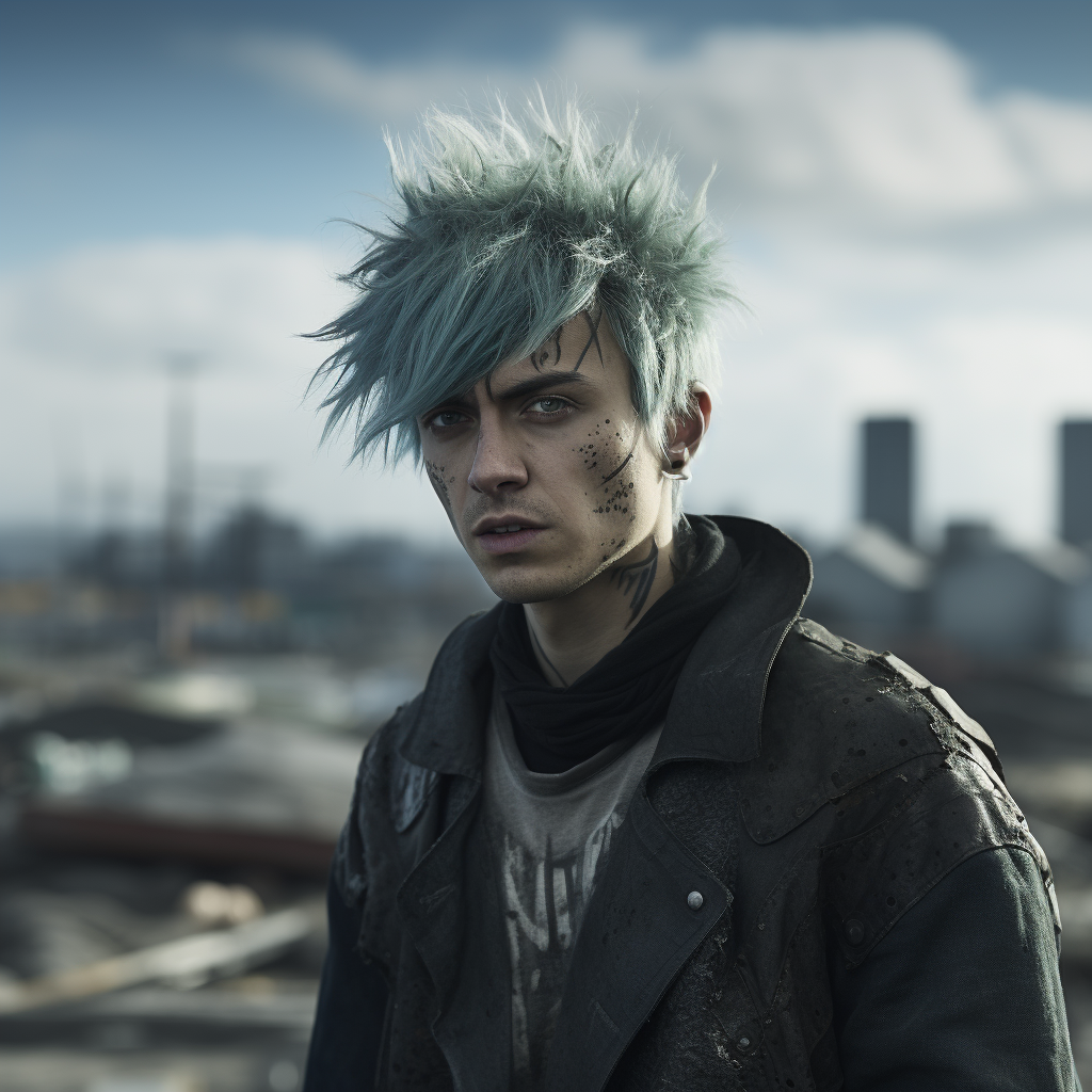 Man with Bleached Punk Hair Overlooks Postapocalyptic Landscape