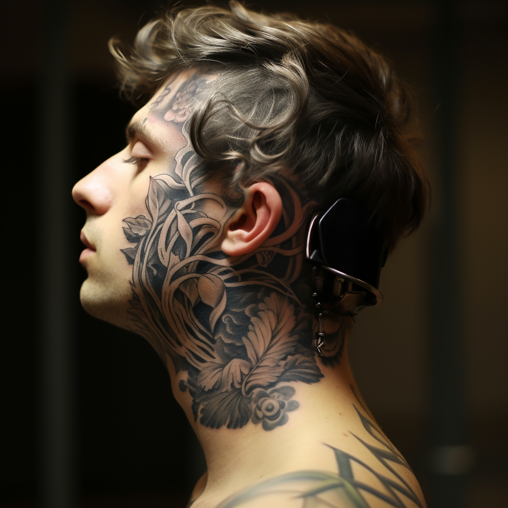 Man with fairy tattoo on neck