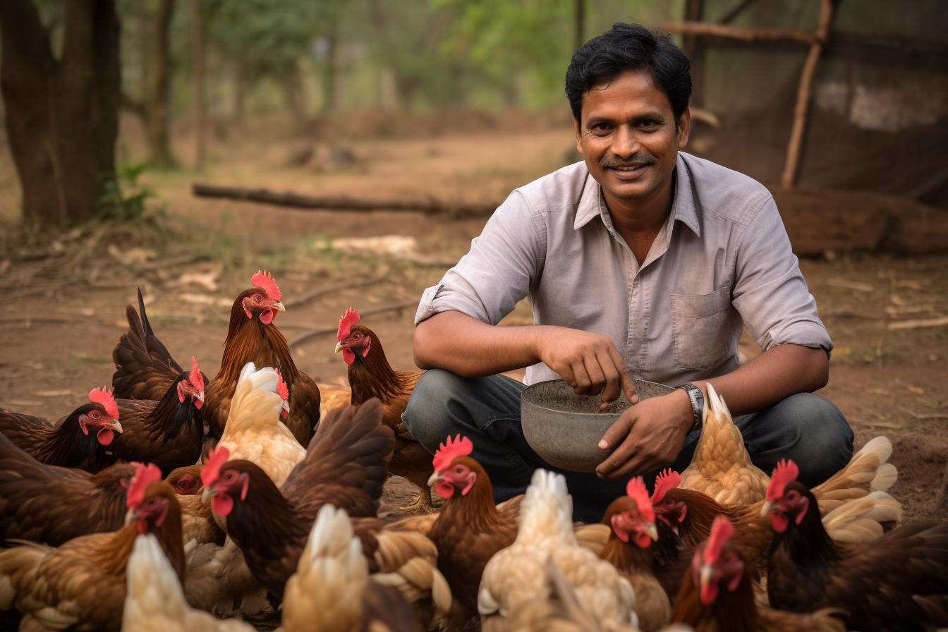 A man feeding his flock of chickens