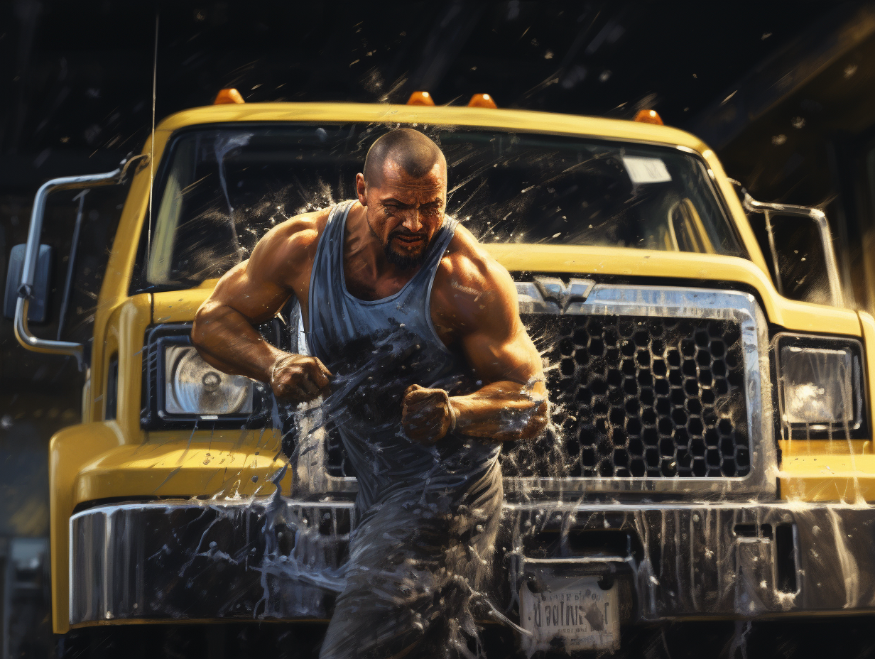 Man struggling with soapy brush and truck