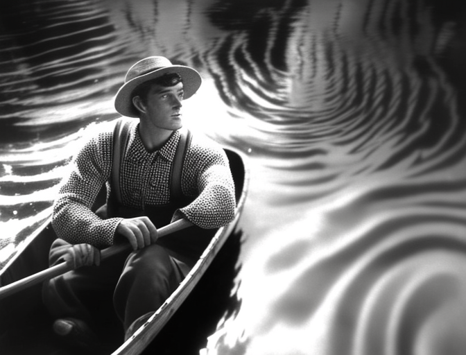 Man fishing from a canoe with strange ripples