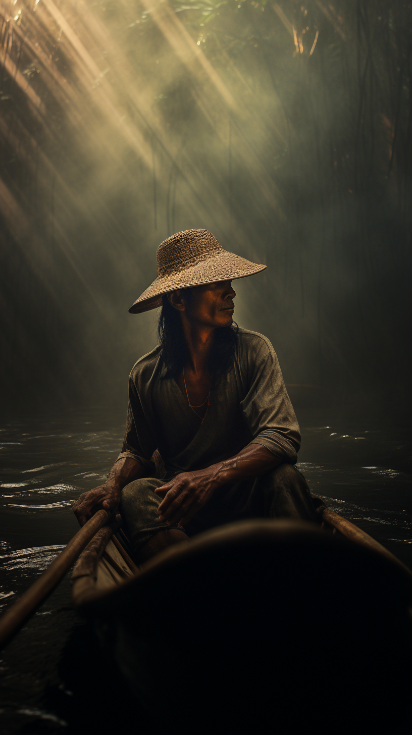 Man floating down Amazon River in straw hat