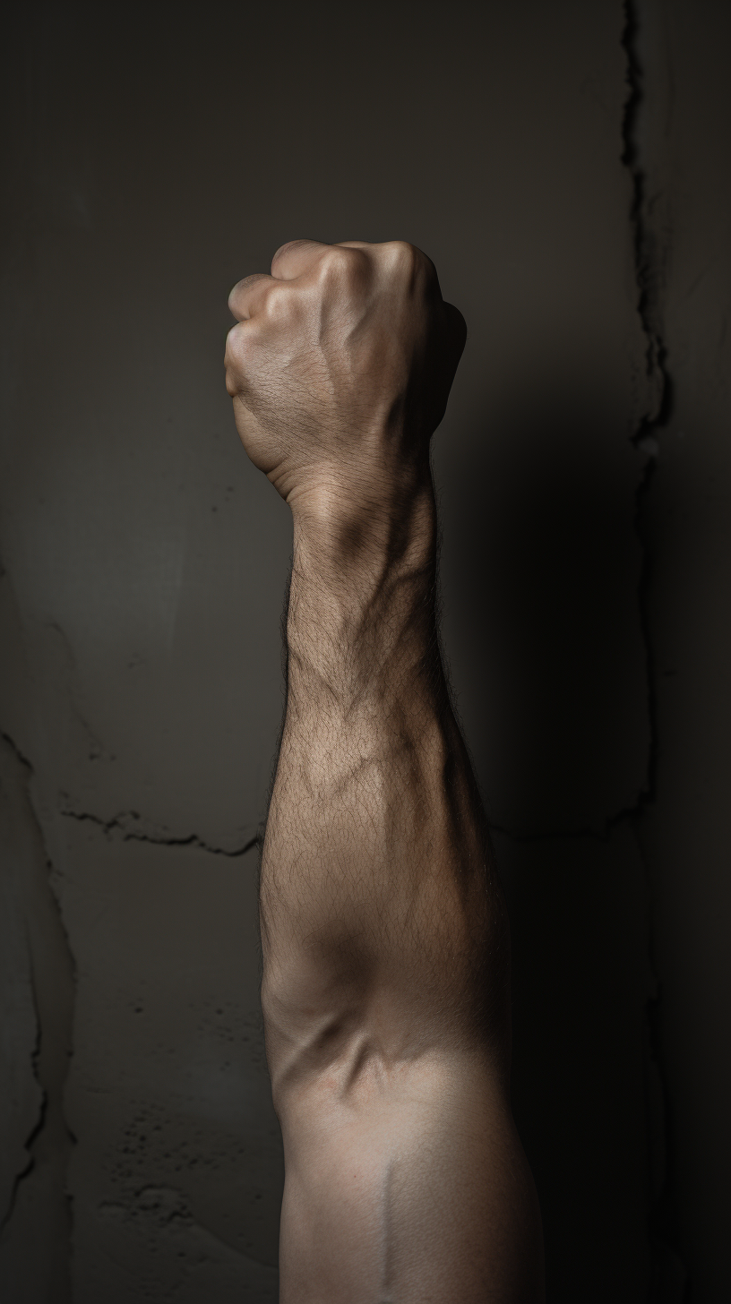 Man pressing forearm into wall