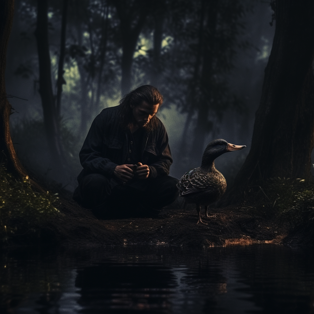 Man in Forest with Duck